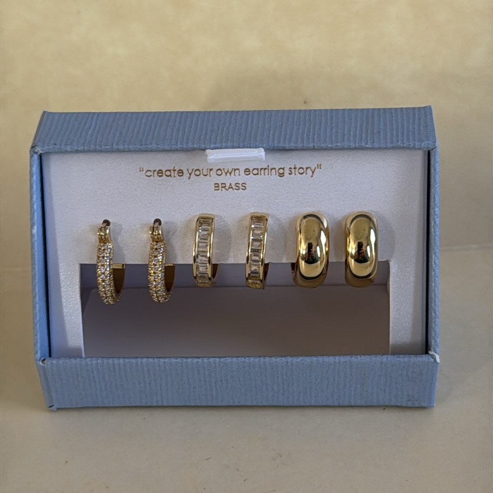 GOLD CAKE 3p Earring Set Huggies Hoops Embellished CZ $125 NIB